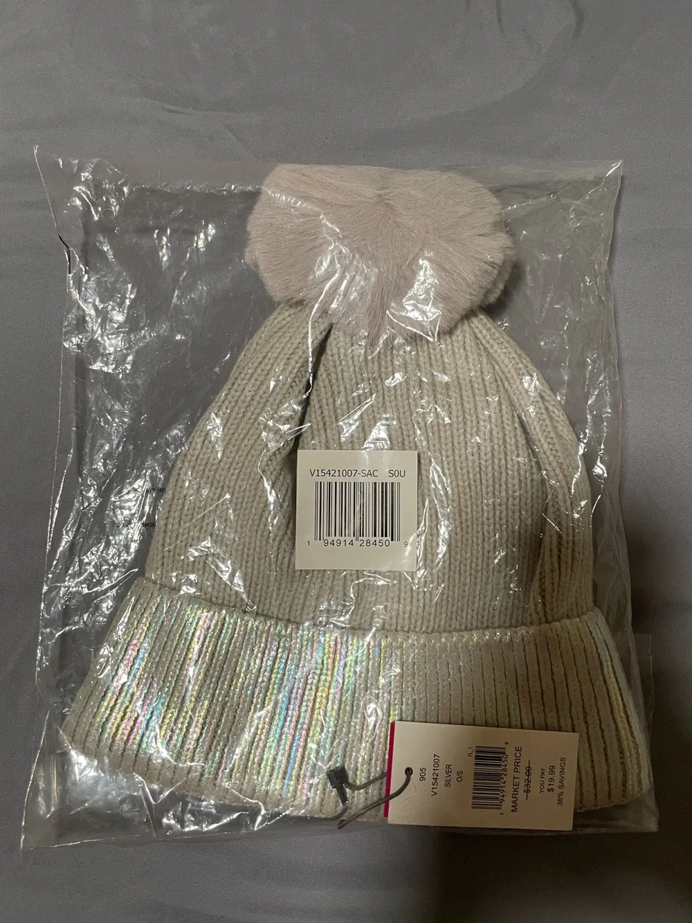 Vince Camuto Gray Knit Beanie with Pom Pom